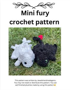 two crocheted stuffed animals laying on the grass with text overlay that reads, mini furry crochet pattern