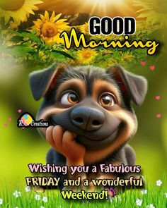 a dog is looking at the camera with sunflowers in the background and good morning message