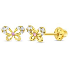 Your little girl will look sweet and pretty all day with these pair of 14k yellow gold butterfly screw back earrings. Its cute size will be suitable for your baby girl's small pierced ears. These butterfly earrings for babies to toddlers have safety screw backs for an extra comfort and security. Buy this bright and sparkling butterfly jewelry to add a little pop of color to your little girl's wardrobe. Gift box included. Beautiful Stud Earrings, Baby Earrings, Butterfly Baby, Thread Earrings, Kids Earrings, Earring Post, Butterfly Jewelry, Gold Butterfly, Yellow Gold Earring