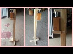 three different views of a wooden stand with soap dispenser and toothbrush holder