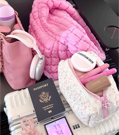 Travel vacation passport aesthetic makeup bag skincare headphones luggage purse summer vacation pink bag trend trendy trending style Pastel Travel Aesthetic, Aesthetic Travel Bag, Cute Luggage Aesthetic, Pink Passport Aesthetic, Pink Suitcase Aesthetic, Travel Pink Aesthetic, Travel Aesthetic Packing, Travel Luggage Aesthetic, Pink Travel Aesthetic