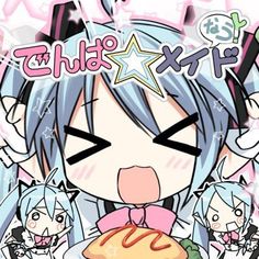 an anime character holding a donut in front of her face and surrounded by other characters