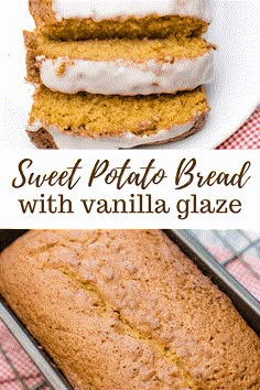 sweet potato bread with vanilla glaze in a pan