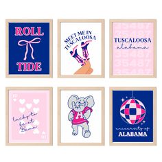 four different posters with pink and blue designs on the front, one is for children's room