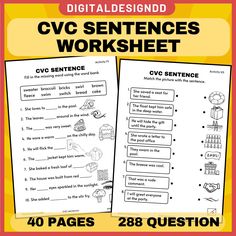 the cvc sentence worksheet is shown in two different colors and font, with an