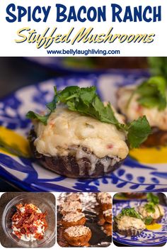 the recipe for spicy bacon ranch stuffed mushrooms is shown on a blue and white plate