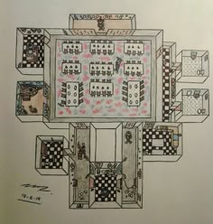 a drawing of a table with chairs and checkered cloths on it's sides