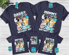 three matching birthday shirts with the number six on them, including an image of two cats and