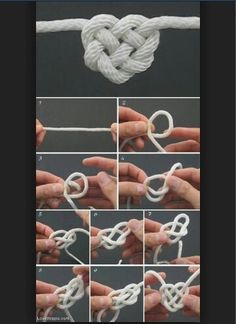 instructions to make a knotted knot with white yarn and scissors on the end of it