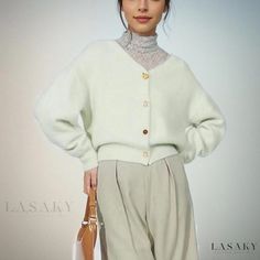 Lasaky - Chic and elegant water marten collar designed cardigan sweater with woolen texture Luxury Fine Knit Cardigan For Daywear, Luxury Spring Collared Cardigan, Luxury Collared Spring Cardigan, Luxury Collared Cardigan For Spring, Elegant Cardigan, Chic Cardigan, Cashmere Outfits, Cardigan Design, Elegant Sweater