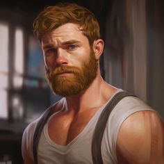 a painting of a man with red hair and beard wearing a white tank top looking at the camera