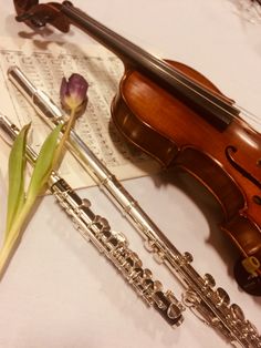 a violin and some musical instruments on a table