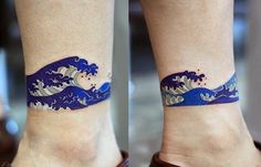 two pictures of the same tattoo on both legs, one with a blue wave in it