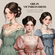 three girls in victorian dresses are standing side by side, with the caption girl in victorian dress