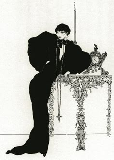 a black and white drawing of a man in a tuxedo sitting on a table