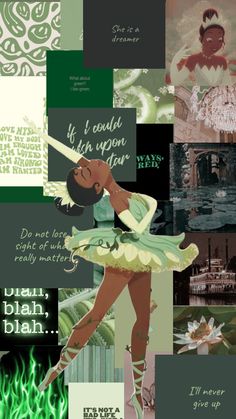 a collage of various images with words and pictures on the bottom, including an image of a woman in a green dress