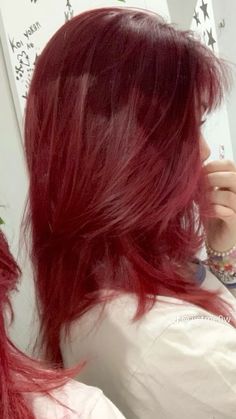 Raspberry Hair Color, Red Hair Styles, Red Hair Color Ideas, Cherry Red Hair, Long Shiny Hair, Korean Hair Color, Red Hair Inspo, Wine Hair, Cherry Hair