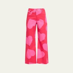 Libertine "Pinky" pants in red heart print Cropped fit Mid rise sits high on hip Wide legs Five-pocket style Button/zip fly; belt loops Cotton/elastane Dry clean Made in USA Fitted Heart Print Bottoms For Spring, Trendy Heart Print Bottoms For Spring, Pink Heart Print Bottoms For Spring, Casual High Waist Heart Print Bottoms, Cotton Bottoms With Heart Print, Trendy Pink Bottoms With Heart Print, Trendy Pink Heart Print Bottoms, Fitted Cotton Bottoms With Heart Print, Casual Straight Leg Bottoms With Heart Print