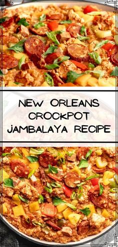 two pictures with the words new orleans crockpot jambala recipe on them