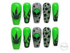 15 420 Nail Ideas and Inspiration High Nails, Nail Ideas Characters, Backwood Nails, Gel Nail Art Ideas, Pot Leaf Nails, Cool Nail Art Designs, Black And Dark Green Nails, Nail Ideas For School