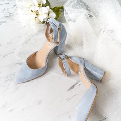 "Grace - elegant block heels made of high-quality suede leather. Perfect for bride or for bridesmaids. The universal model that coordinates flawlessly with any wedding outfit. The comfort of use is guaranteed by the soft leather insole, which adapts to the shape of the foot and absorbs excessive moisture. The shoes, refined in the smallest details, provide a comfortable and stable base for many gowns.   Heels height9 cm = 3.5\" Would you like other colors, please let me know... Sizes UK, EU, US and feet dimensions in centimeters and inches 3 UK / 36 EU / 5 US insoles length 23.5 cm = 9.2\" 4 UK / 37 EU/ 6 US insoles length 24 cm = 9.4\" 6 UK / 38 EU / 7 U insoles length 24.5 cm = 9.7\" 7 UK/ 39 EU/ 8 US insoles length 25.5 cm = 10\" 8 UK / 40 EU / 9 US insoles length 26 cm = 10.3\" 9 UK / Blue Bride Shoes, Blue Wedding Shoes For Bride, Wedding Shoes Blue, Block Heels Wedding, Blue Block Heels, Heels Wedding Shoes, Leather Shoe Laces, Blue Bride, Heels Blue