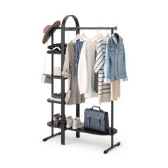 a rack with clothes, shoes and bags hanging from it's sides in front of a white background