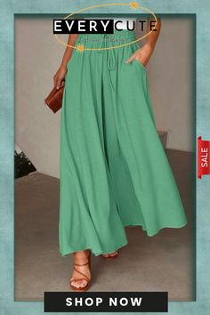 Plain Casual Wide Leg Shirred Waist Pant Casual Plain Bottoms For Summer, Casual Plain Summer Bottoms, Casual Plain Bottoms For Spring, Green Solid Color Wide-leg Pants, Summer Wide Leg Full Length Pants, Summer Long Wide Leg Pants, Spring Wide Leg Solid Color Bottoms, Spring Wide Leg Bottoms In Solid Color, Plain Wide Leg Summer Pants