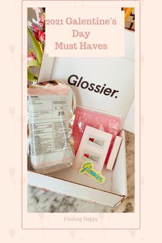 a white box with pink and yellow items in it that says, 2020 valentine's day must haves