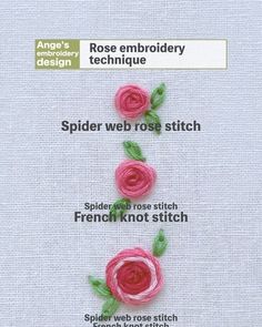 the instructions for how to make an embroidered rose with green leaves and pink flowers on it