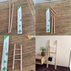 four pictures show the steps made out of sticks and paper with green designs on them