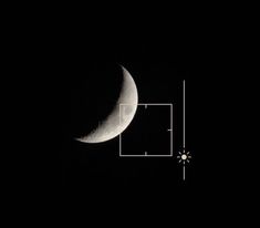 a half moon is seen in the dark sky above a square with a compass on it