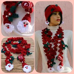 crocheted santa claus scarf and hat with candy canes on the bottom, along with other christmas items