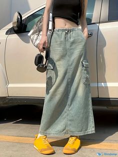 Orcajump - Blue Elastic Waist Denim Midi Skirt, Flap Pockets Split Cargo Denim Skirt, Women's Denim Clothing Cargo Denim Skirt, Denim Clothing, Denim Skirt Women, Vintage Material, Denim Midi Skirt, Skirt Women, Denim Outfit, Autumn Summer, Flap Pocket