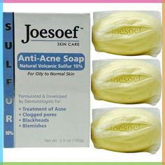 Sulfur Soap acne treatment formulated by dermatologists using natural sulfur and salicylic acid. Sulfur Soap is anti bacterial, anti fungal and antiseptic. Sulfur Soap Clears acne fast starting deep in the pores at the root. For best results use warm water and work sulfur soap into a rich lather. Be sure to allow 60 seconds be rinse then gently pat dry with cotton towel 2 or 3 times daily as needed. For face. body and scalp. This special offer for 3 pack of Joesoef Skin Care Anti Acne Sulfur Soap 10%. Order today includes priority mail shipping. Clear Acne Fast. We offer a 60 day 100% Money Back Guarantee. Size: 100G each 3 pack. Clear Acne Fast, Happy Greetings, Sulfur Soap, Remove Skin Tags Naturally, Forehead Acne, Acne Soap, Natural Acne Remedies, Women Health, Skin Blemishes