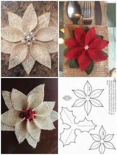 four pictures with different types of flowers and spoons on them, one is made out of burlap