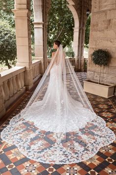 a woman in a wedding dress with a long veil