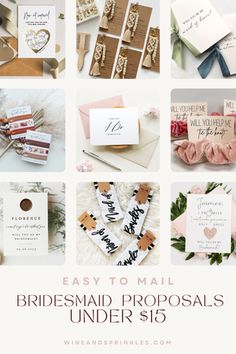 the bridesmaid's wedding stationery is displayed with flowers, cards and envelopes