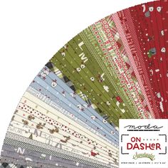 an assortment of christmas themed fabrics with the words on dasher in red, white and green