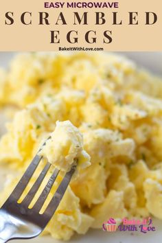 scrambled eggs on a plate with a fork and text overlay that reads easy microwave scrambled eggs