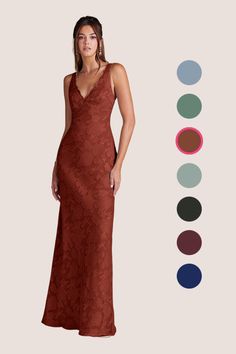 a woman in a long dress standing next to color swatches and the image shows different colors