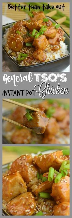 two pictures of chicken and rice with chopsticks in the foreground, one showing how to make general tso's instant pot chicken