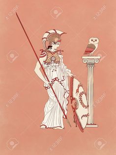 an ancient greek woman holding a flag and a bird on her shoulder, standing next to a