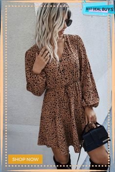 Animal Print V Neck Belted Dress Brown Winter Dresses For Day Out, Brown Dress For Day Out In Fall, Long Sleeve Brown Dress For Day Out, Long Sleeve Brown Dresses For Day Out, Spring Long Sleeve Mini Dress For A Date, Knee-length Dresses For Fall Date, Knee-length Dress For Date In Fall, Knee-length Fall Date Dress, Fall Mini Dress For A Date