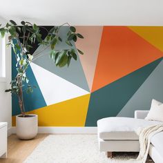 a living room with a couch, rug and potted plant in front of a colorful wall