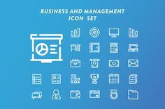 the business and management icon set includes icons, such as file folders, document pages, mail envelopes, etc