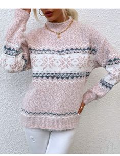 Snowflake Sweater, Pull Rose, Christmas Sweaters For Women, High Neck Sweater, Estilo Chic, Sleeves Clothing, Snowflake Pattern, Street Outfit, Pullover Shirt