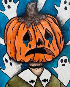 a drawing of a man with a pumpkin on his head