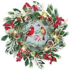 a christmas wreath with two cardinals and pine cones on it, surrounded by evergreen leaves