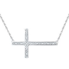 Faith meets fashion in this shimmering diamond sideways cross pendant necklace. Made in responsibly sourced, nickel-free 925 sterling silver for everyday wear. Stone: Set with conflict-free 1/20 ct. t.w. diamonds. Chain Length: 18 in. Chain Width: 1 mm Small Diamond Cross Necklace, Sideways Cross Necklace, Diamond Cross Necklace, Cross Necklace Sideways, Dainty Diamond Necklace, Sterling Silver Cross Necklace, Diamonds Necklace, Necklace Cross, Diamond Solitaire Necklace