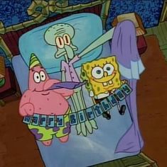 spongebob is sleeping in his bed with another character